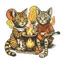two cats, sitting facing campfire, roasting marshmallows. tattoo design idea