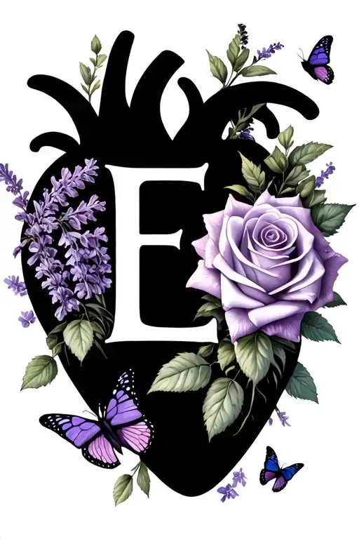 a realistic heart, E letter handwritten fond, lavender flower, rose and 2 butterflies flying away tattoo design idea