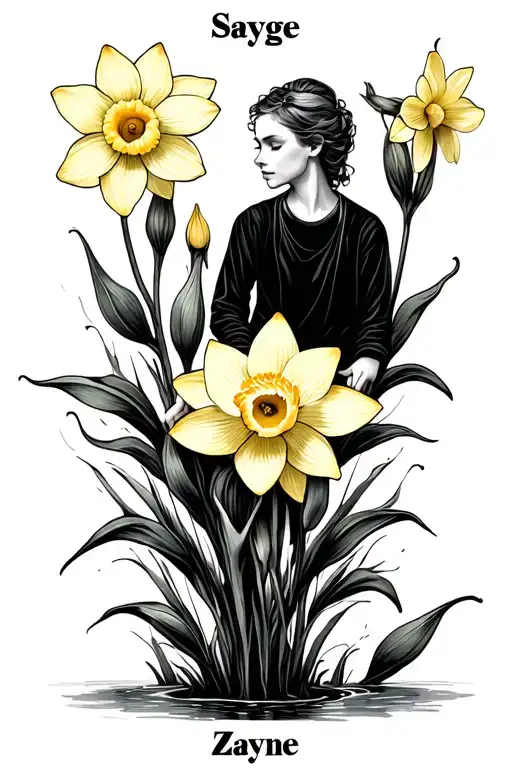 "Sayge Zayne" daffodil and water lily stacked with thin stems. flowers on opposite directions. Sayge sitting on the stem of daffodil tattoo design idea