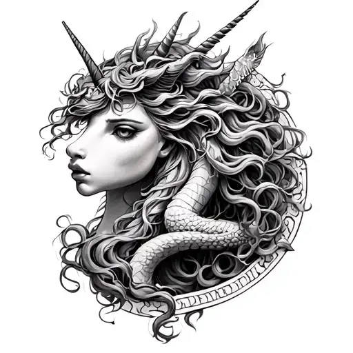 medusa surrounded by unicorn and dragon wrapped tattoo design idea