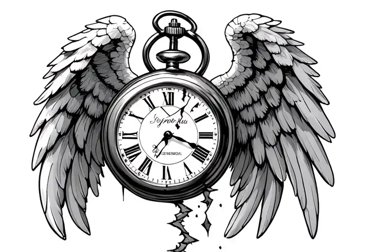 angel wings with broken pocket watch surrounded tattoo design idea