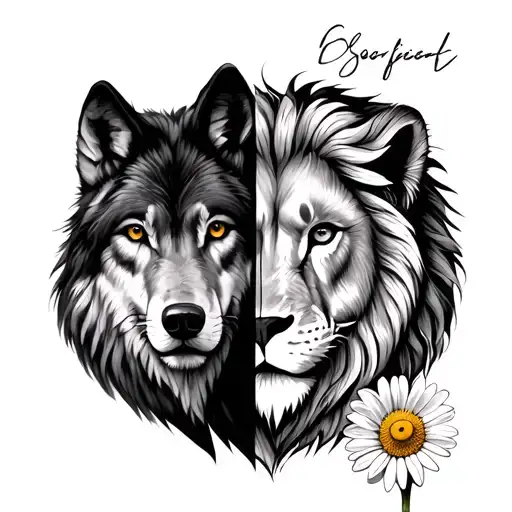 Wolf and lion face remix cookie and daisy tattoo design idea