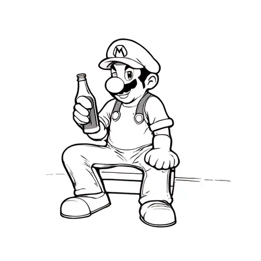 mario sitting down holding a beer bottle in hand  tattoo design idea