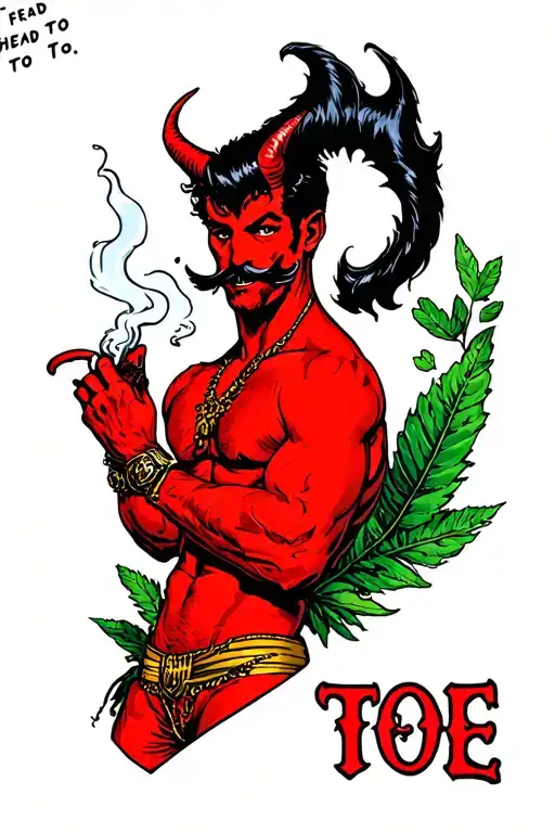 "from head to toe" Traditional, male pin up devil with red skin, black mutton chops, black quiff, ahtletic, no sixpack, smokes, bikinishort tattoo design idea
