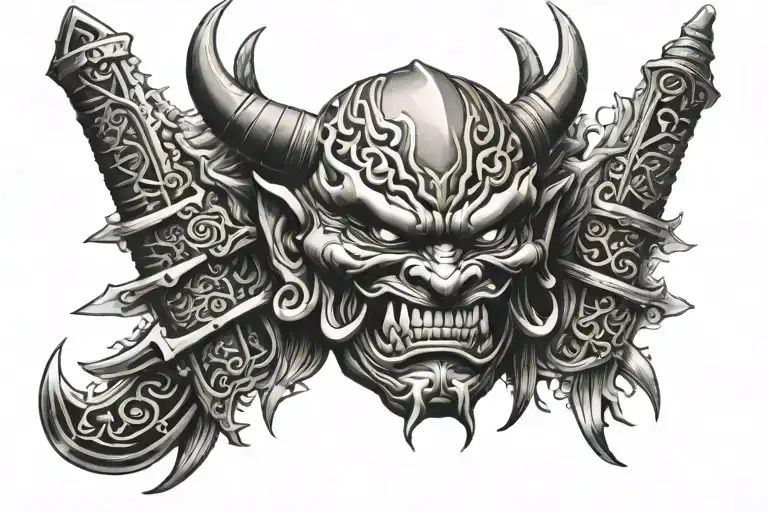 Japanese oni mask with sword overlapping half of its face tattoo design idea