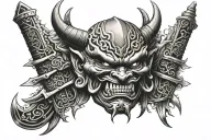 Japanese oni mask with sword overlapping half of its face tattoo design idea