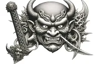 Japanese oni mask with sword overlapping half of its face tattoo design idea