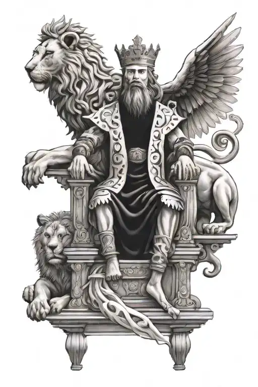 king of king, with pillar of fire on heaven stairway sitting on throne with lions in 3d effect tattoo design idea