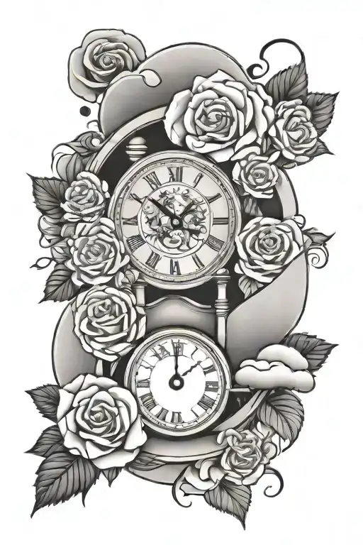 roses, sand clock and akatsuki clouds surrounding tattoo design idea