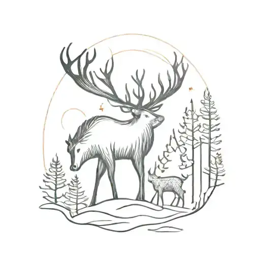 A mystical forest scene with hidden deer and boar silhouettes tattoo design idea