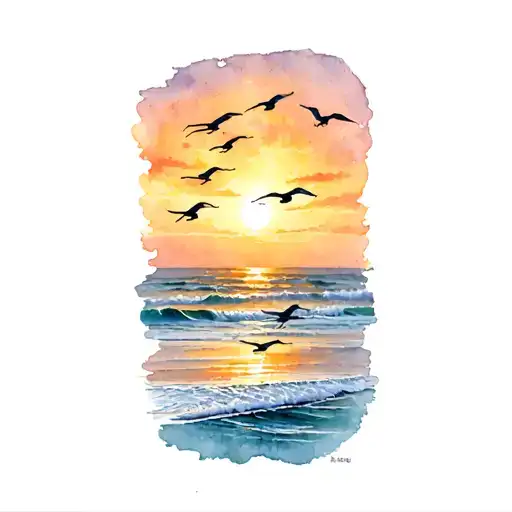 A tattoo design of 8 sandpipers flying over a beach at sunset, representing the client's love for their 8 grandkids and favorite beach scenes tattoo design idea
