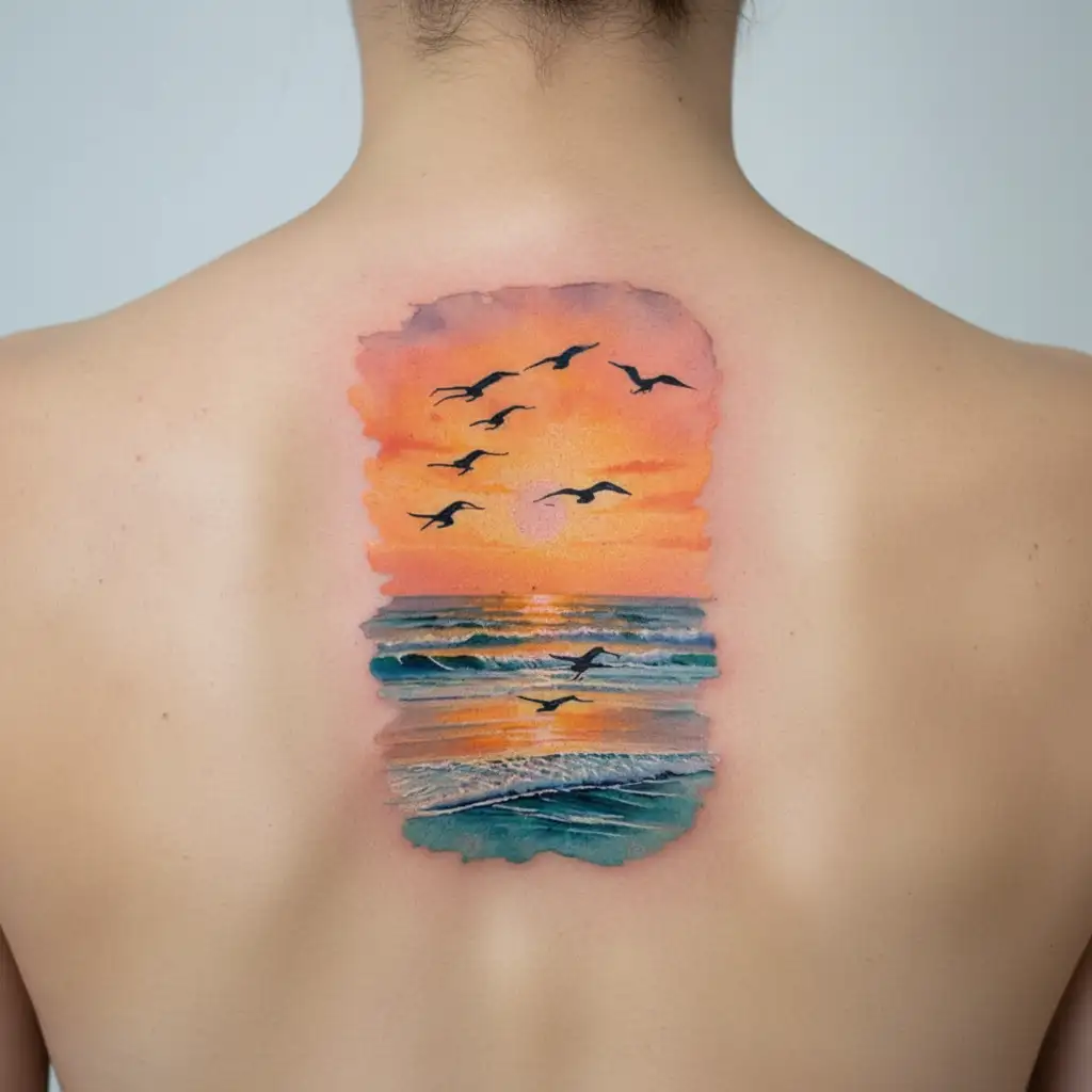 A tattoo design of 8 sandpipers flying over a beach at sunset, representing the client's love for their 8 grandkids and favorite beach scenes tattoo design idea