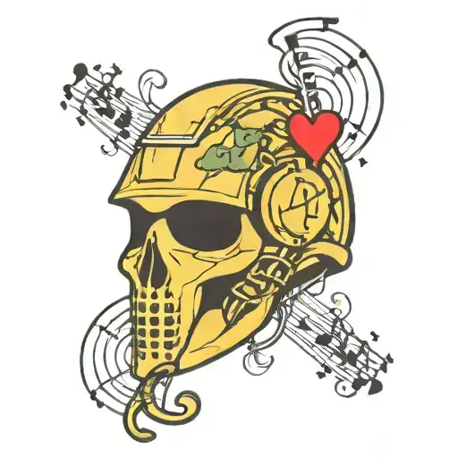 A new-school design of a military helmet with musical notes and a heart, representing the client's passion for both music and their occupation in the army tattoo design idea