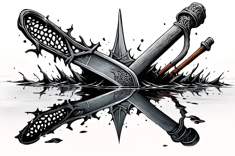 lacrosse stick broken like the sword narsil in a puddle with the reflection being the actual sword narsil from LOTR tattoo design idea