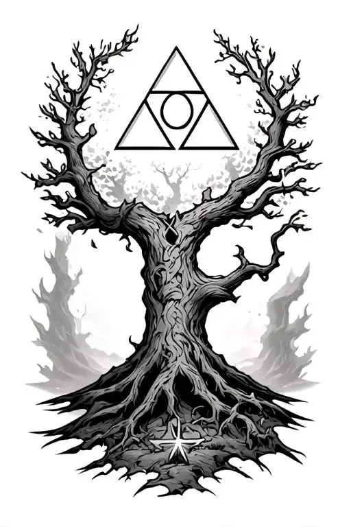 forearm tattoo with deku tree from legend of zelda ocarina of time and I want the Triforce symbol floating above his hea tattoo design idea