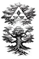 forearm tattoo with deku tree from legend of zelda ocarina of time and I want the Triforce symbol floating above his hea tattoo design idea