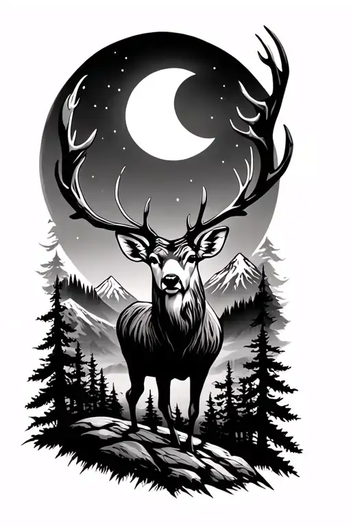 deer tattoo in the forest with a lingering moon and mountains behind tattoo design idea