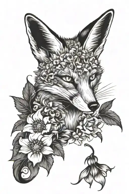 earth fox crawling covered in Belladonna and foxglove flowers, in a Gothic style white eyes  tattoo design idea