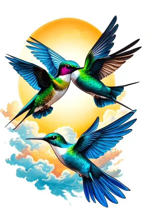 two humming bird with a sun shining clouds surrounding tattoo design idea