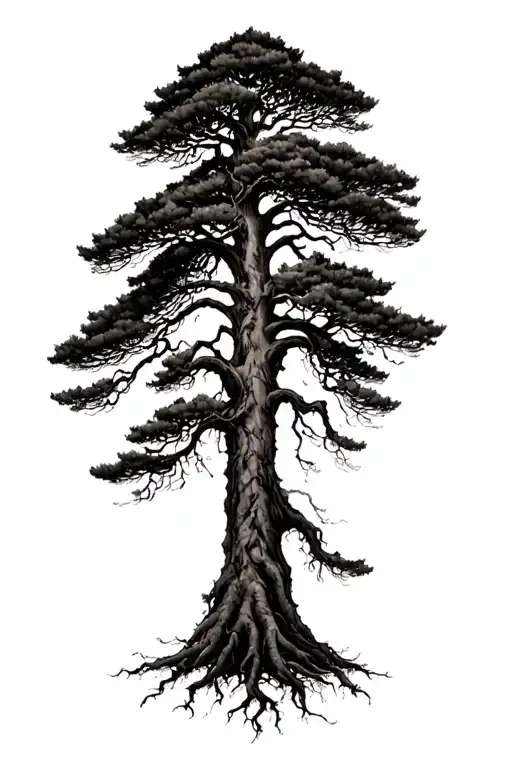lone Cypress tree with family names in the roots reaching deep tattoo design idea