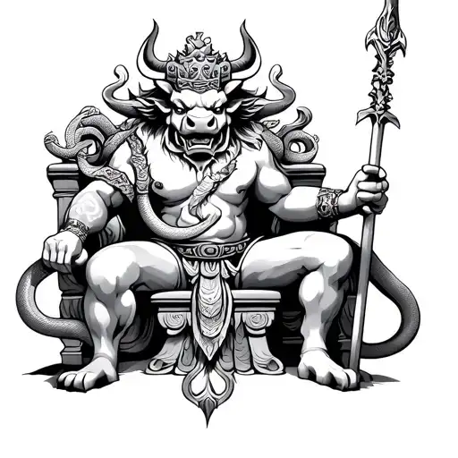 chinese demon bull king sitting on a throne holding a spear with a snake wrapped around it tattoo design idea
