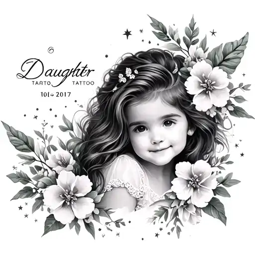 daughter tattoo with blossoms and stars with a name and date tattoo design idea
