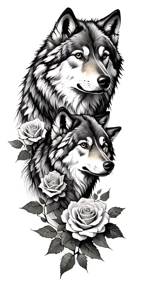 Wolves representing family with roses and trees tattoo design idea