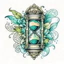 hourglass in color scheme: blue, green in brush stroke style with stains tattoo design idea