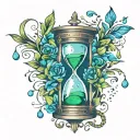 hourglass in color scheme: blue, green in brush stroke style with stains tattoo design idea