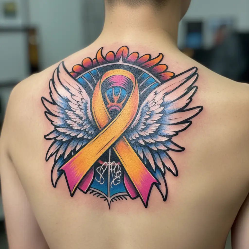 ribbon that stands for breast cancer and COPD colon cancer emphazima lung cancer prostate cancer Ms with wings and a hal tattoo design idea
