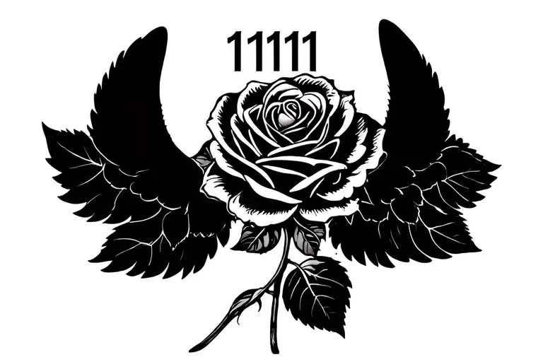rose with the angel number 1111 above stem tattoo design idea
