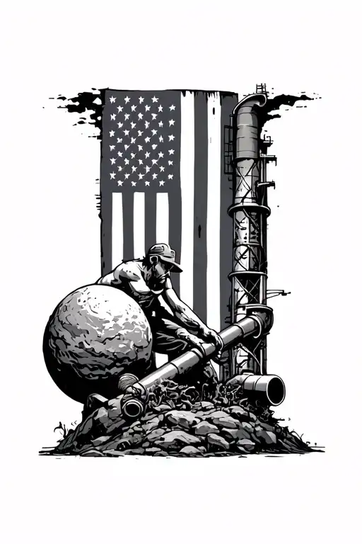 tattoo sleeve of the American flag as the back ground with refineries in front and sisyphus pushing a pipe not a rock tattoo design idea