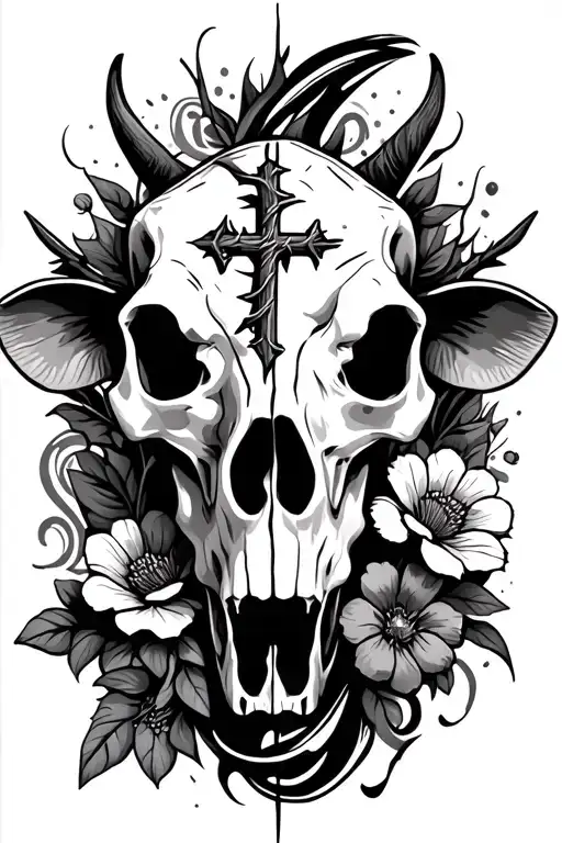 Half Cow skull half flowers with barbed wire, cross, and swirl background tattoo design idea