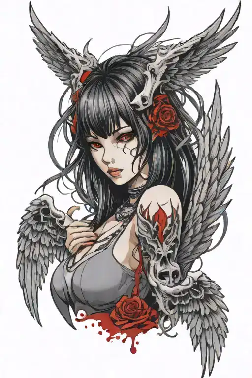  Y2k Bone Spine Anime Girl Blood Wings with Trible Tattoo tattoo design idea