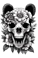 bear skull on flowers tattoo design idea