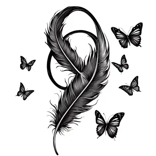 Feather with infinity sign that wraps around the feather but comes out and butterflies fly away tattoo design idea