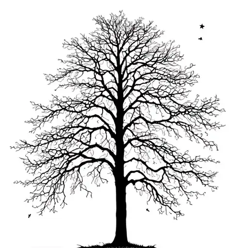 a bare, thin tree with long branches, a thin long branch that goes off to the left has a few scattered leaves, e.g tattoo design idea