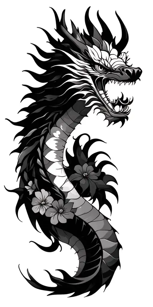 Japanese dragon with Hawaiian tribal patterns tattoo design idea
