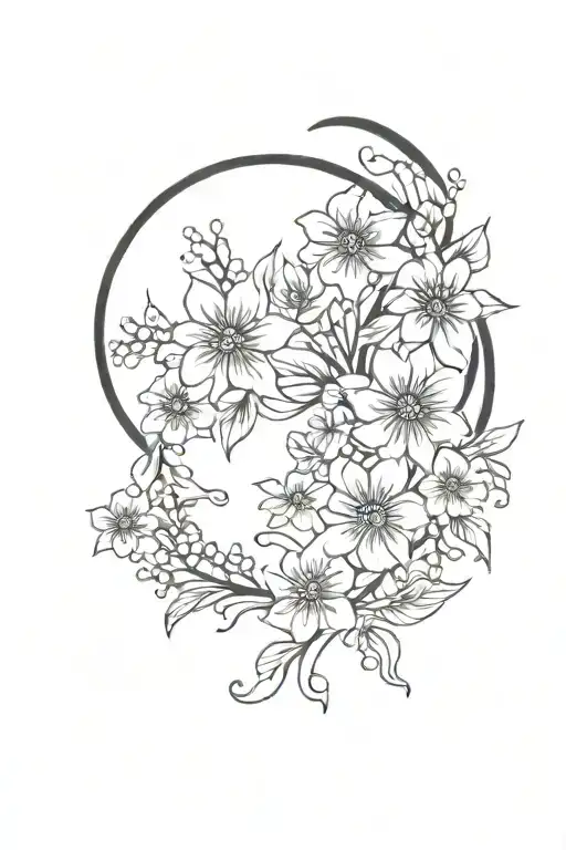 crescent moon with flowers add the name Ayla Pace tattoo design idea