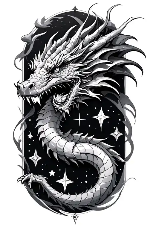 dragon, stars, compass tattoo design idea