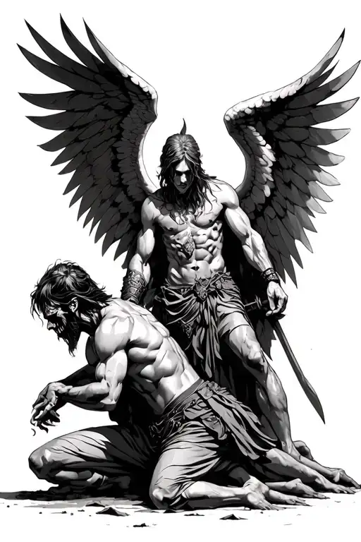 warrior angel with defeated demons on the ground paying respect tattoo design idea