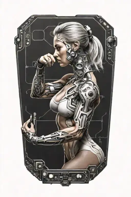 aesthetic bodybuilder muscular women with technology circuits vectors board merging tattoo design idea