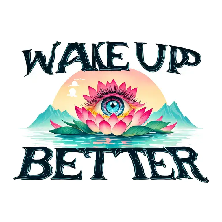 "wake up better" mountains, lotus, eye surrounded tattoo design idea