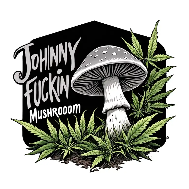 "Johnny fuckin mushroom " "Johnny fuckin mushroom " i want a trippy melting mushroom and Marijuana plants growing around tattoo design idea