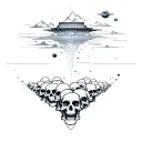 pile of skulls that turn into mountains with a floating dojo and a cyber grid sky that fades into outer space  tattoo design idea