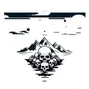 pile of skulls that turn into mountains with a floating dojo and a cyber grid sky that fades into outer space  tattoo design idea