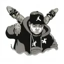 Asian chubby boy, with bape hoodie, wearing jordan 6, also wearing a black hat tattoo design idea