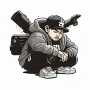 Asian chubby boy, with bape hoodie, wearing jordan 6, also wearing a black hat tattoo design idea