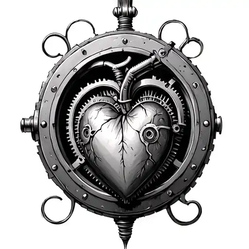 realistic steampunk heart inside a porthole tattoo design idea