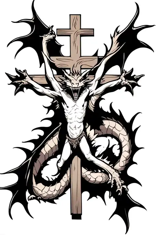 A crucified dragon on a massive tribal cross. The dragon is bent, its wings are spread out and nailed to the edges of th tattoo design idea